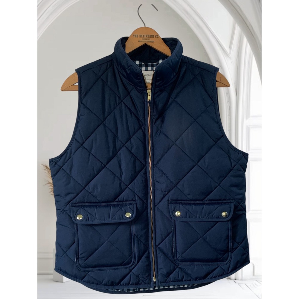 J.Crew Excursion Quilted Vest Navy Blue Gingham Lining Gold Zip Large Womens